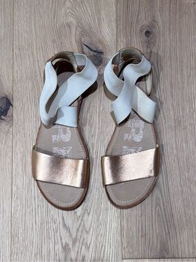 Sorel Metallic Rose Gold Sandals with Cream Wrap Straps